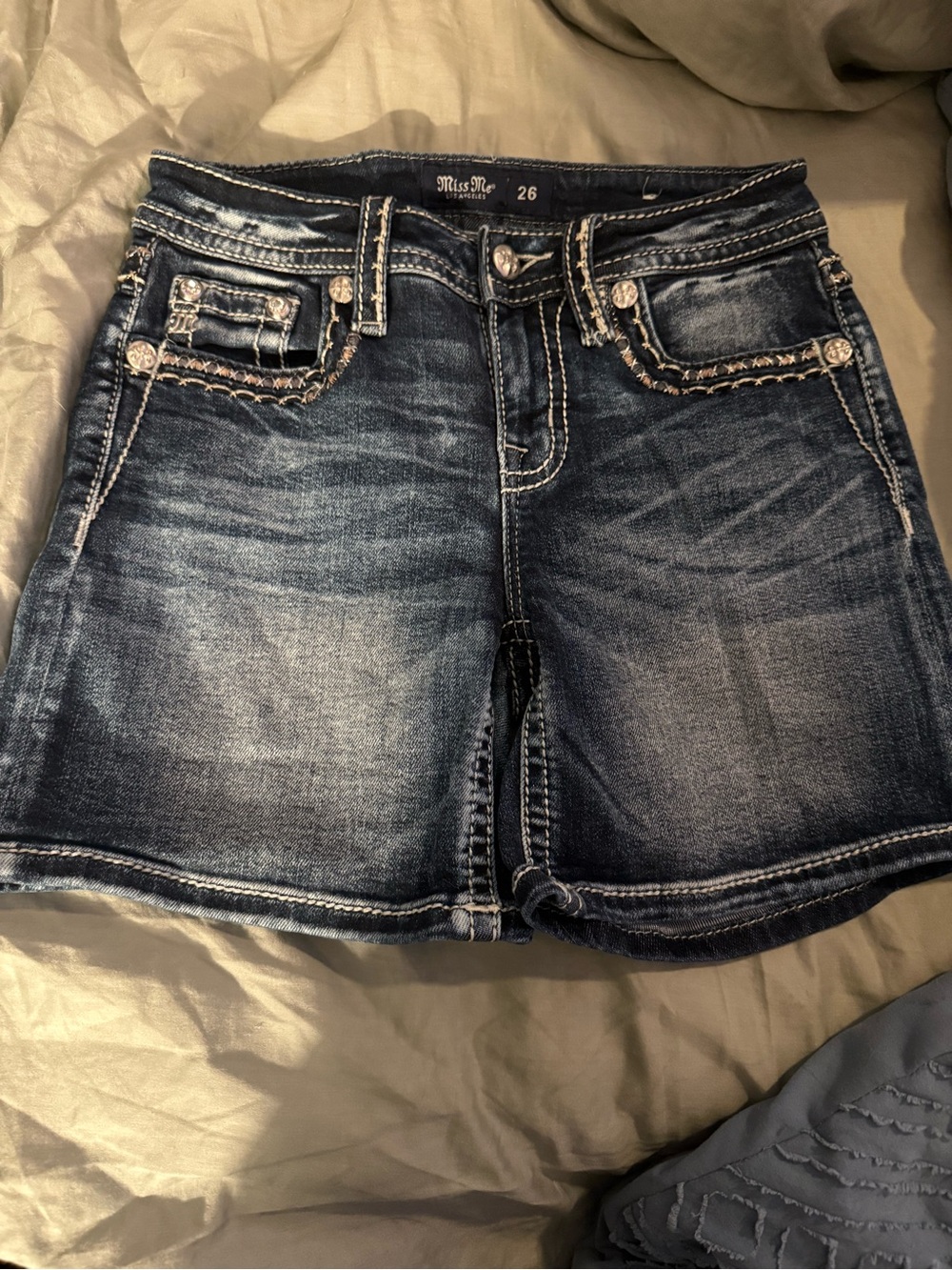 Miss Me Indigo Washed Denim shorts with Embroidered Trim